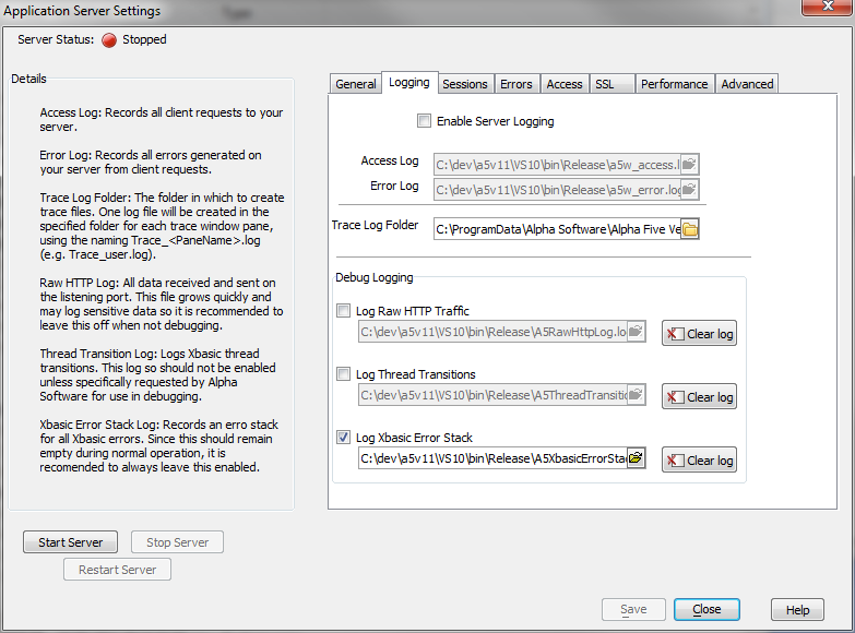 Application Server Settings Logging V11